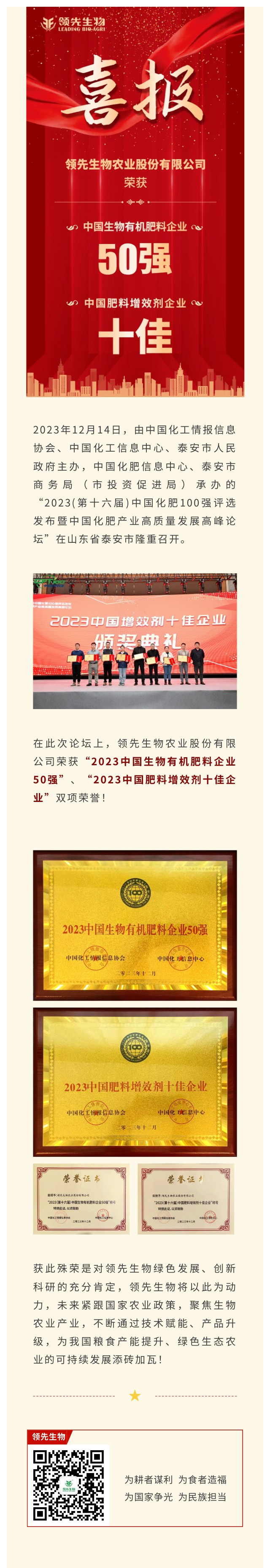 實力上榜 | 領先生物榮獲2023中國生物有機肥料企業(yè)50強！中國肥料增效劑十佳企業(yè)！